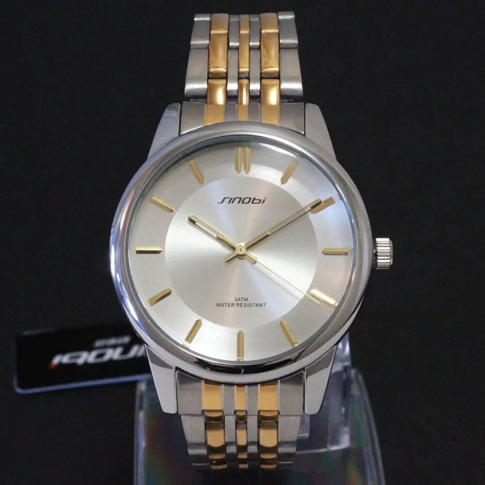 Men's Casual Watch Two Tone Silver Sunburst Dial Gold Hands, Indices 38mm